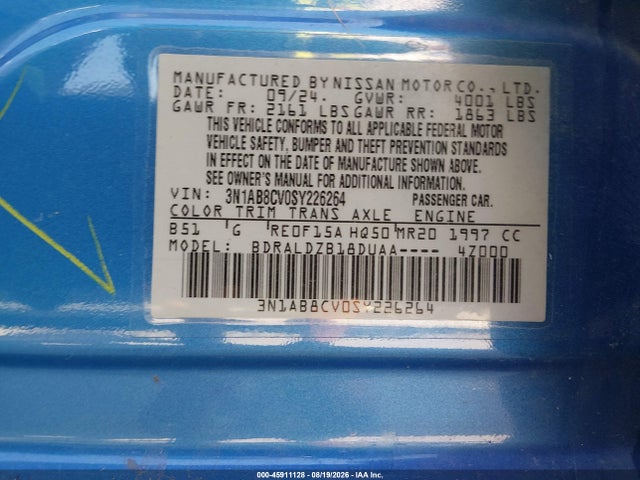 Продажа на аукционе авто 2025 Nissan Sentra Sv, vin: 3N1AB8CV0SY226264, номер лота: 45911128