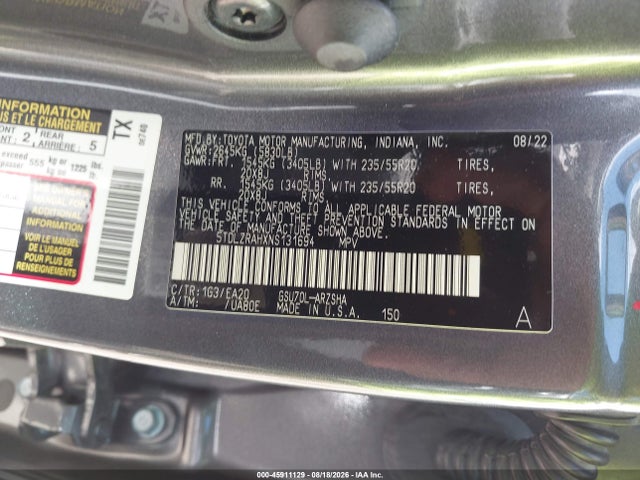 Aukcja sprzedaży 2022 Toyota Highlander Xse, vin: 5TDLZRAHXNS131694, numer aukcji: 45911129