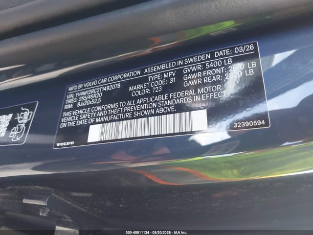 Aukcja sprzedaży 2026 Volvo Xc60 B5 Plus, vin: YV4M12RC2T1492078, numer aukcji: 45911134