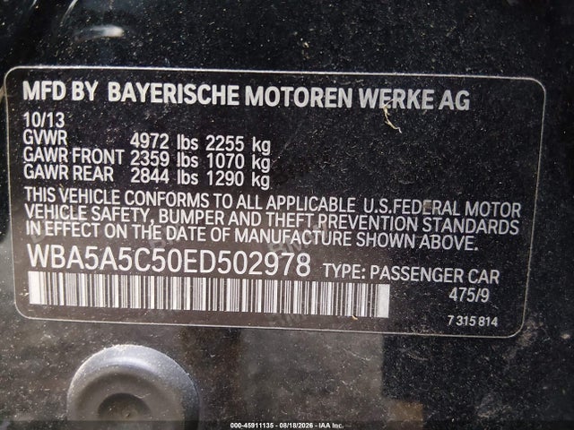 Aukcja sprzedaży 2014 Bmw 528i, vin: WBA5A5C50ED502978, numer aukcji: 45911135