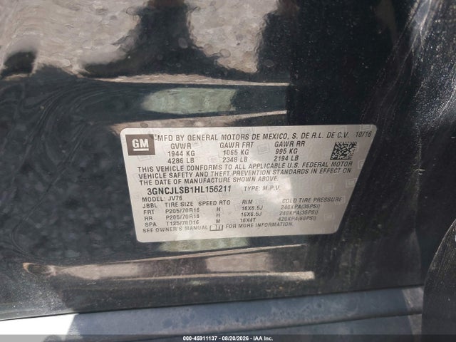 Продажа на аукционе авто 2017 Chevrolet Trax Lt, vin: 3GNCJLSB1HL156211, номер лота: 45911137