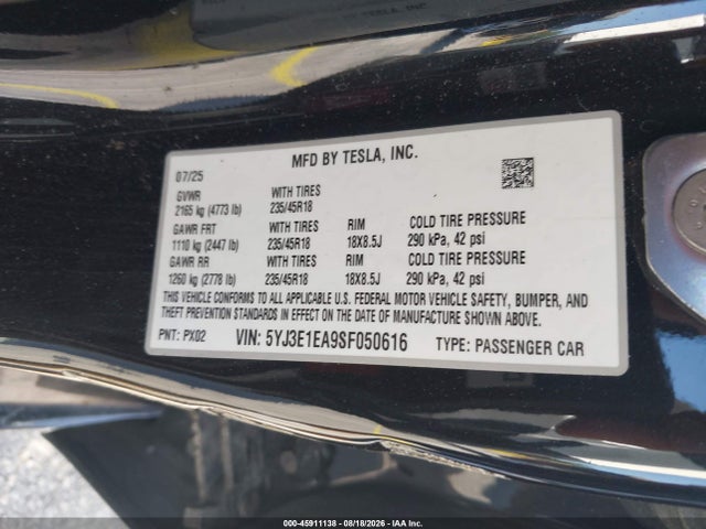 Aukcja sprzedaży 2025 Tesla Model 3 Long Range Rear-wheel Drive/standard Rear-wheel Drive, vin: 5YJ3E1EA9SF050616, numer aukcji: 45911138