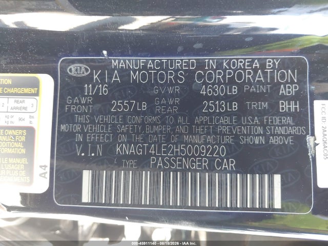 Aukcja sprzedaży 2017 Kia Optima Hybrid, vin: KNAGT4LE2H5009220, numer aukcji: 45911140