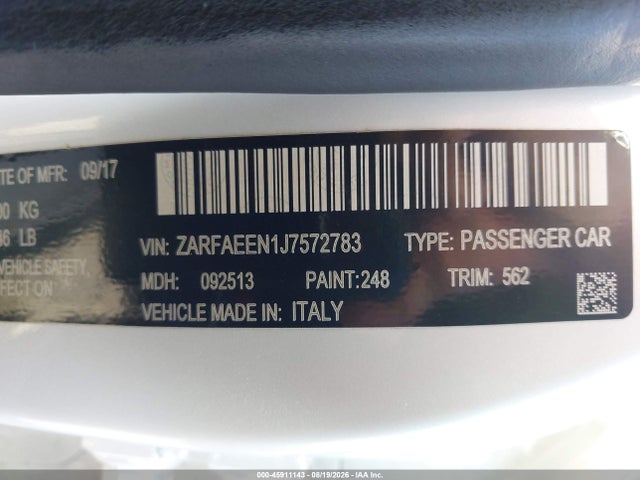 Продажа на аукционе авто 2018 Alfa Romeo Giulia Ti Lusso Awd, vin: ZARFAEEN1J7572783, номер лота: 45911143