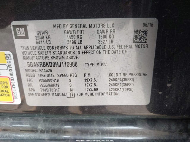 45911144 :رقم المزاد ، 5GAKRBKD0HJ115988 vin ، 2017 Buick Enclave Leather مزاد بيع