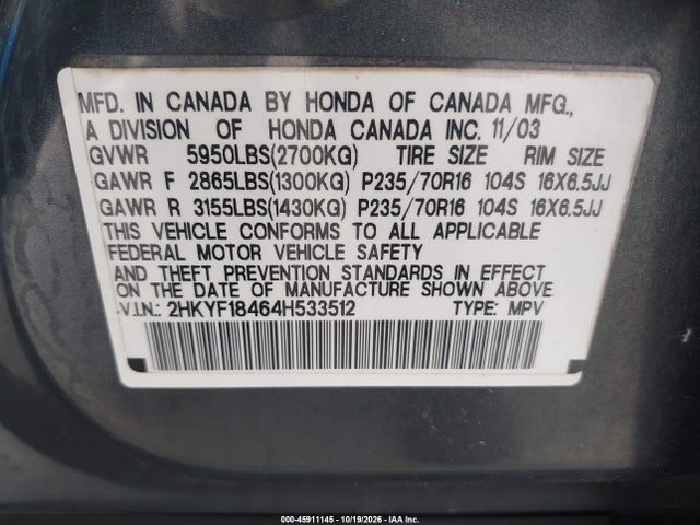 Продаж на аукціоні авто 2004 Honda Pilot Ex, vin: 2HKYF18464H533512, номер лоту: 45911145