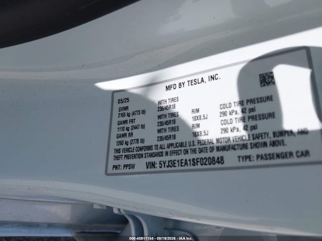 5YJ3E1EA1SF020848 Tesla Model 3 Long Range Rear-wheel Drive/standard Rear-wheel Drive