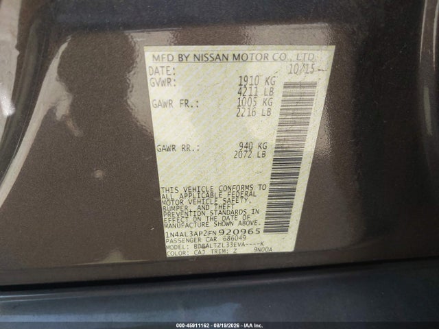 Aukcja sprzedaży 2015 Nissan Altima 2.5/2.5 S/2.5 Sl/2.5 Sv, vin: 1N4AL3AP2FN920965, numer aukcji: 45911162