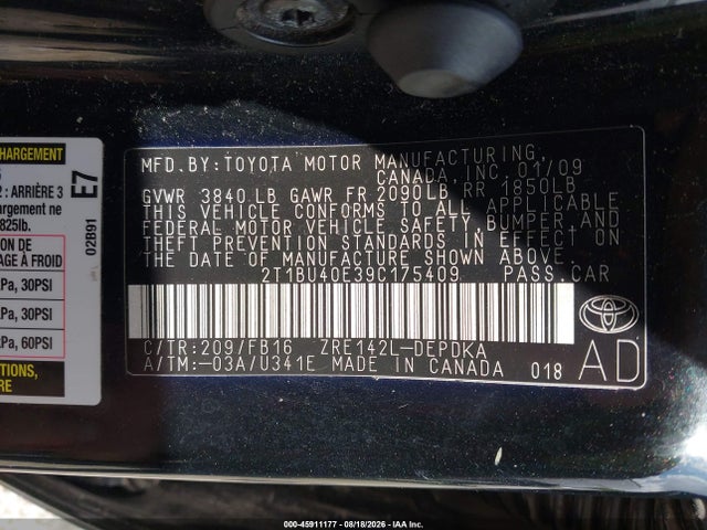Aukcja sprzedaży 2009 Toyota Corolla Le, vin: 2T1BU40E39C175409, numer aukcji: 45911177