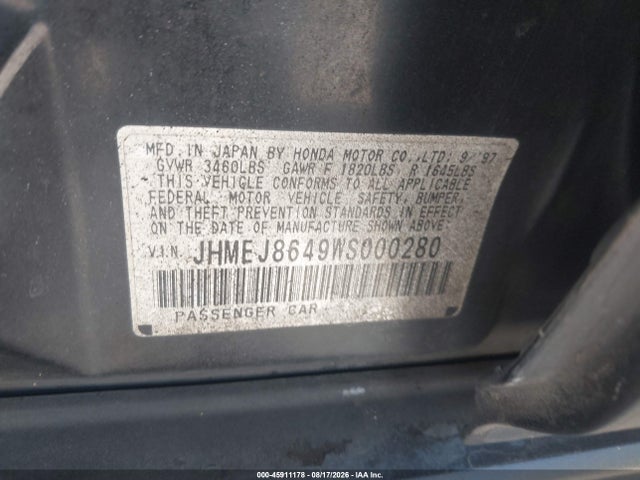 1998 Honda Civic Ex მანქანა იყიდება აუქციონზე, vin: JHMEJ8649WS000280, აუქციონის ნომერი: 45911178