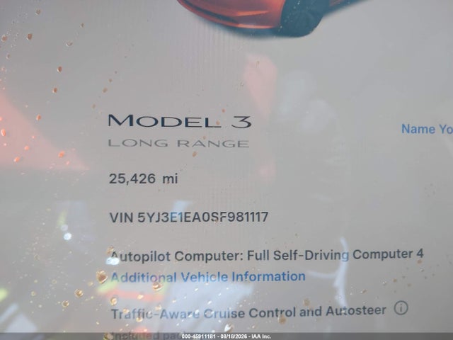 Продаж на аукціоні авто 2025 Tesla Model 3 Long Range Rear-wheel Drive/standard Rear-wheel Drive, vin: 5YJ3E1EA0SF981117, номер лоту: 45911181