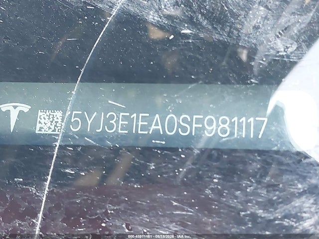 Продаж на аукціоні авто 2025 Tesla Model 3 Long Range Rear-wheel Drive/standard Rear-wheel Drive, vin: 5YJ3E1EA0SF981117, номер лоту: 45911181