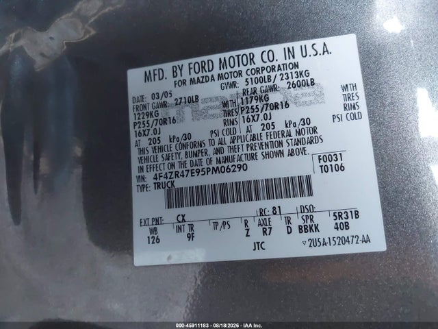 45911183 :رقم المزاد ، 4F4ZR47E95PM06290 vin ، 2005 Mazda B4000 Se مزاد بيع
