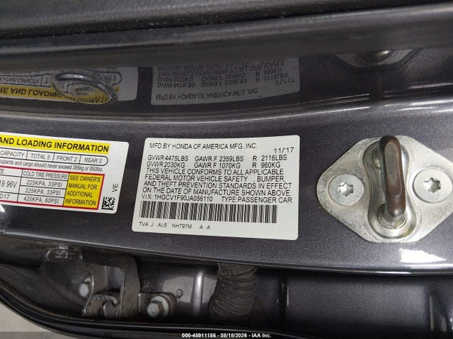 Aukcja sprzedaży 2018 Honda Accord Touring, vin: 1HGCV1F90JA056110, numer aukcji: 45911186