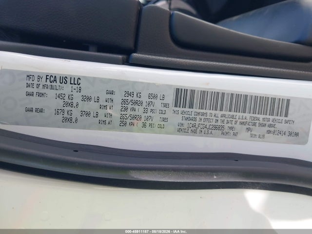 2018 Jeep Grand Cherokee High Altitude 4x4 მანქანა იყიდება აუქციონზე, vin: 1C4RJFCG4JC296835, აუქციონის ნომერი: 45911187