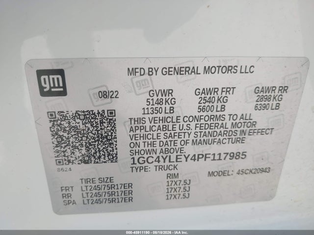 Aukcja sprzedaży 2023 Chevrolet Silverado 2500hd 4wd  Long Bed Wt, vin: 1GC4YLEY4PF117985, numer aukcji: 45911190