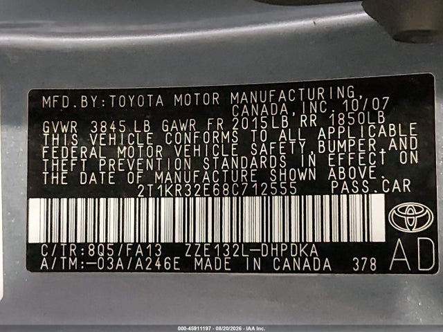2008 Toyota Matrix Std მანქანა იყიდება აუქციონზე, vin: 2T1KR32E68C712555, აუქციონის ნომერი: 45911197
