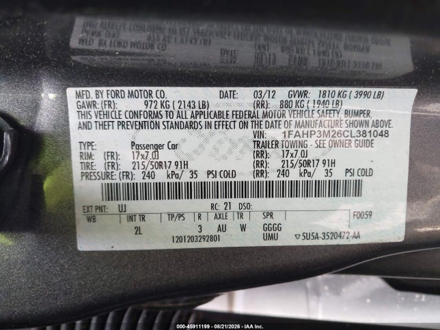 Продажа на аукционе авто 2012 Ford Focus Sel, vin: 1FAHP3M26CL381048, номер лота: 45911199