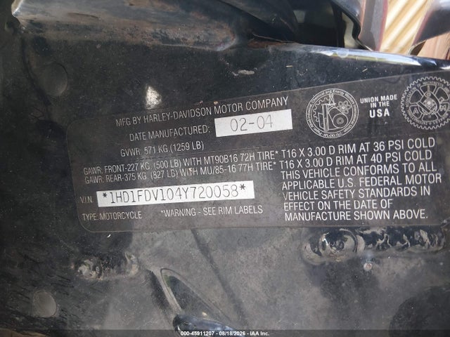 Aukcja sprzedaży 2004 Harley-davidson Flhr, vin: 1HD1FDV104Y720058, numer aukcji: 45911207