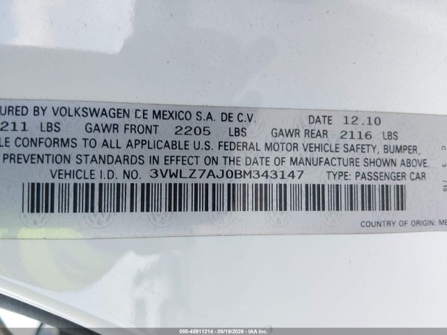 45911214 :رقم المزاد ، 3VWLZ7AJ0BM343147 vin ، 2011 Volkswagen Jetta 2.5l Sel مزاد بيع