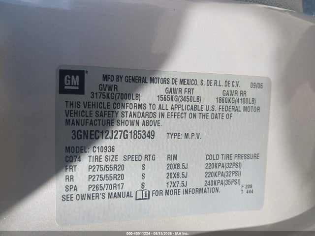 Продажа на аукционе авто 2007 Chevrolet Avalanche 1500 Lt, vin: 3GNEC12J27G185349, номер лота: 45911224