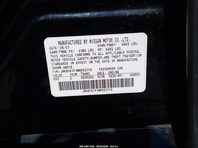 Aukcja sprzedaży 2008 Infiniti G35x, vin: JNKBV61F38M252716, numer aukcji: 45911226