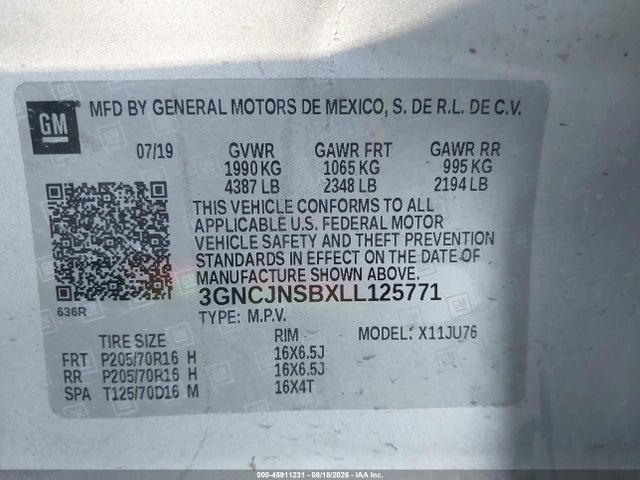 Продажа на аукционе авто 2020 Chevrolet Trax Awd Ls, vin: 3GNCJNSBXLL125771, номер лота: 45911231
