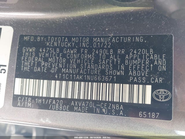 Продаж на аукціоні авто 2022 Toyota Camry Le, vin: 4T1C11AK1NU663671, номер лоту: 45911236