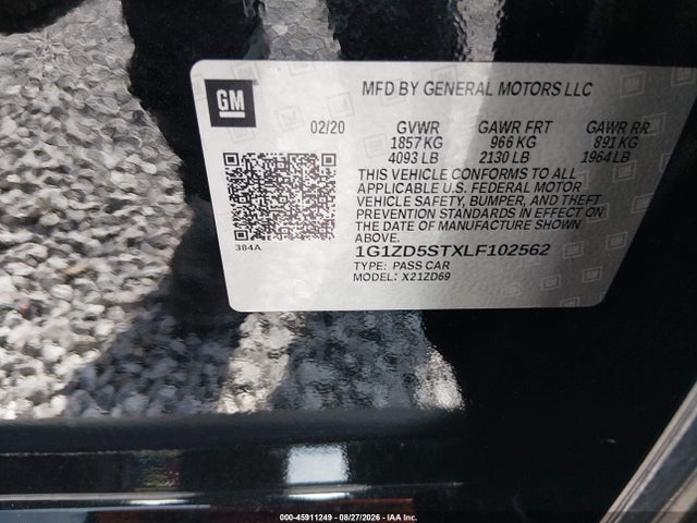 45911249 :رقم المزاد ، 1G1ZD5STXLF102562 vin ، 2020 Chevrolet Malibu Fwd Lt مزاد بيع
