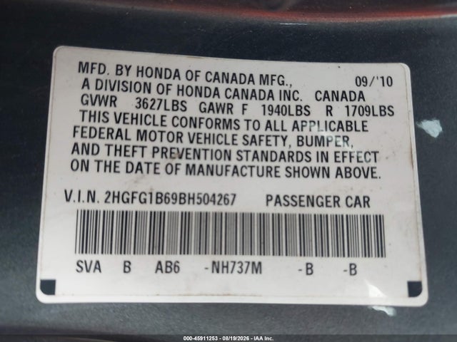 Продажа на аукционе авто 2011 Honda Civic Lx, vin: 2HGFG1B69BH504267, номер лота: 45911253