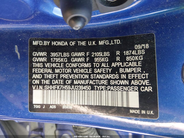 45911256 :رقم المزاد ، SHHFK7H59JU239450 vin ، 2018 Honda Civic Ex مزاد بيع