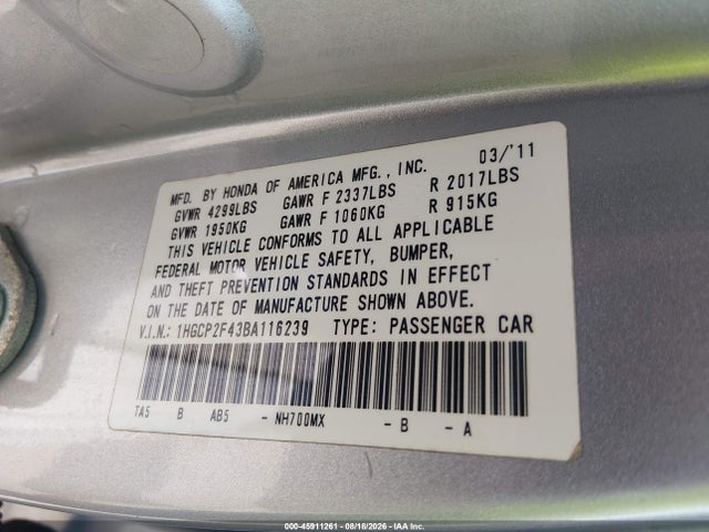 Продаж на аукціоні авто 2011 Honda Accord 2.4 Lx-p, vin: 1HGCP2F43BA116239, номер лоту: 45911261