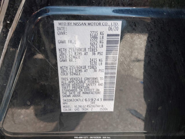 2020 Nissan Pathfinder Sl 4wd მანქანა იყიდება აუქციონზე, vin: 5N1DR2CM7LC619243, აუქციონის ნომერი: 45911271