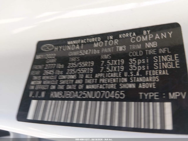 Aukcja sprzedaży 2022 Hyundai Tucson Plug-in Hybrid Sel, vin: KM8JBDA25NU070465, numer aukcji: 45911277