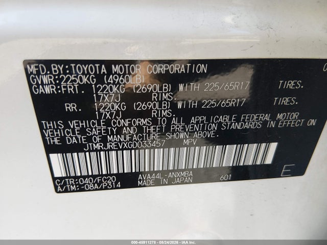 45911278 :رقم المزاد ، JTMRJREVXGD033457 vin ، 2016 Toyota Rav4 Hybrid Xle مزاد بيع