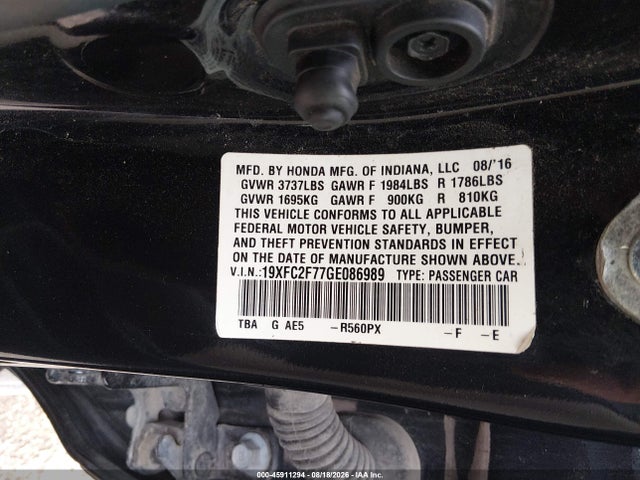 2016 Honda Civic Ex მანქანა იყიდება აუქციონზე, vin: 19XFC2F77GE086989, აუქციონის ნომერი: 45911294