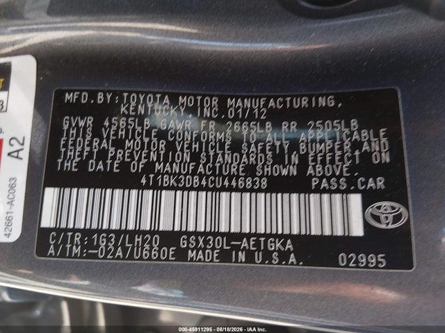 45911295 :رقم المزاد ، 4T1BK3DB4CU446838 vin ، 2012 Toyota Avalon مزاد بيع