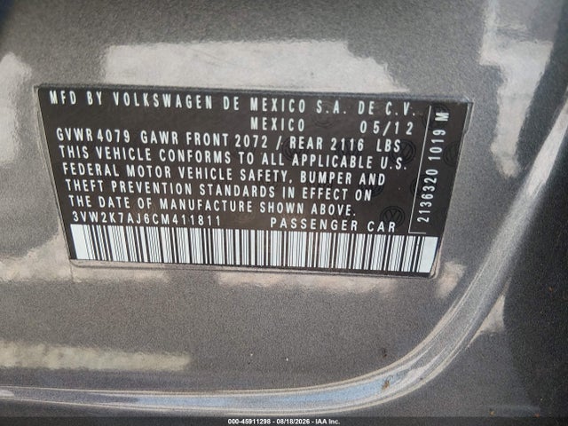 45911298 :رقم المزاد ، 3VW2K7AJ6CM411811 vin ، 2012 Volkswagen Jetta 2.0l S مزاد بيع