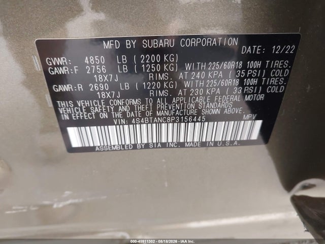 Продажа на аукционе авто 2023 Subaru Outback Limited, vin: 4S4BTANC8P3156445, номер лота: 45911302