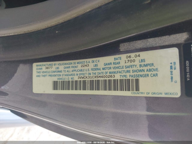 2005 Volkswagen New Beetle Gls მანქანა იყიდება აუქციონზე, vin: 3VWCK31CX5M400263, აუქციონის ნომერი: 45911330