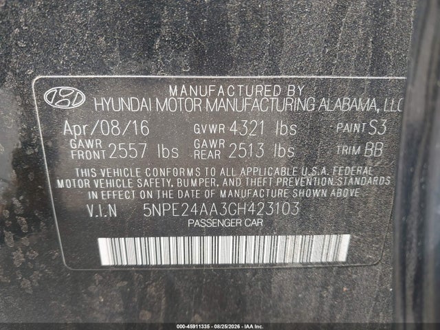Aukcja sprzedaży 2016 Hyundai Sonata Eco, vin: 5NPE24AA3GH423103, numer aukcji: 45911335