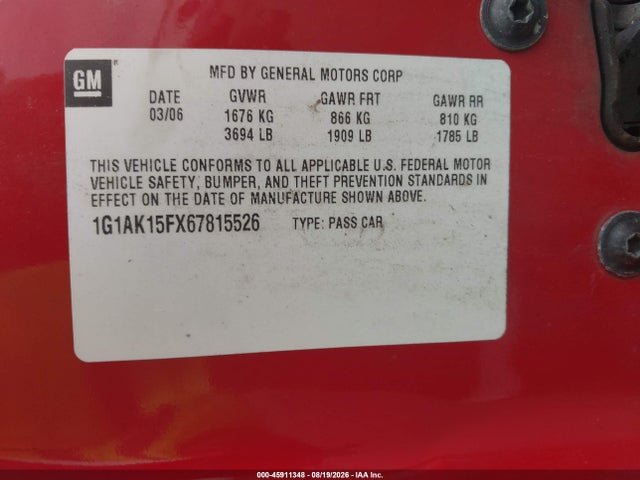 Продаж на аукціоні авто 2006 Chevrolet Cobalt Ls, vin: 1G1AK15FX67815526, номер лоту: 45911348