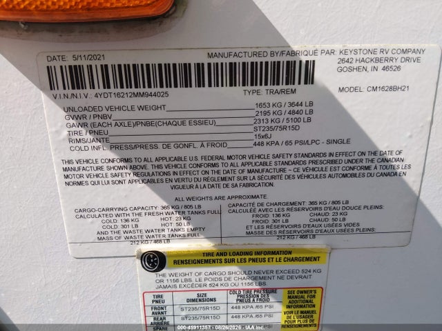 Aukcja sprzedaży 2021 Keystone Coleman, vin: 4YDT16212MM944025, numer aukcji: 45911357
