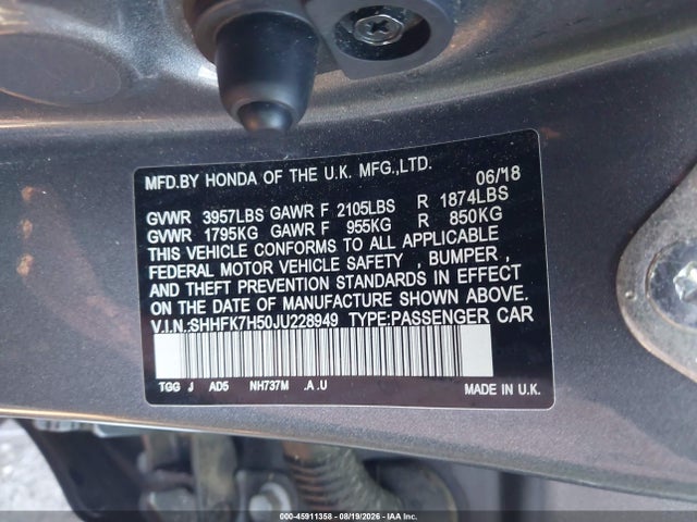 2018 Honda Civic Ex მანქანა იყიდება აუქციონზე, vin: SHHFK7H50JU228949, აუქციონის ნომერი: 45911358