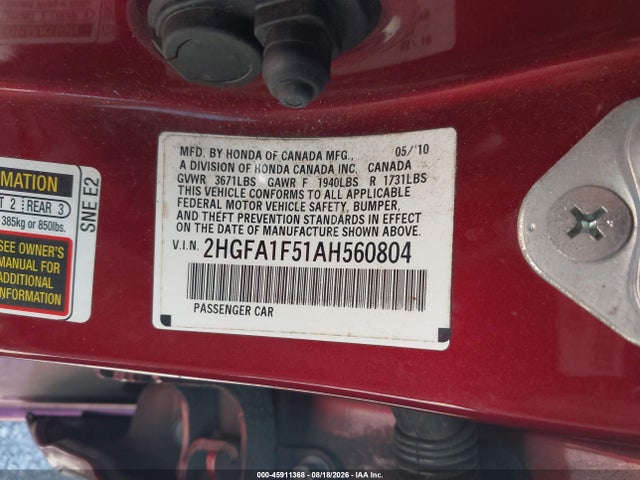 2010 Honda Civic Lx მანქანა იყიდება აუქციონზე, vin: 2HGFA1F51AH560804, აუქციონის ნომერი: 45911368