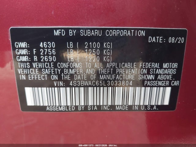 Aukcja sprzedaży 2020 Subaru Legacy Premium, vin: 4S3BWAC65L3033804, numer aukcji: 45911373
