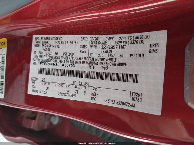 Aukcja sprzedaży 2020 Ford Ranger Xlt, vin: 1FTER4FH3LLA50703, numer aukcji: 45911380
