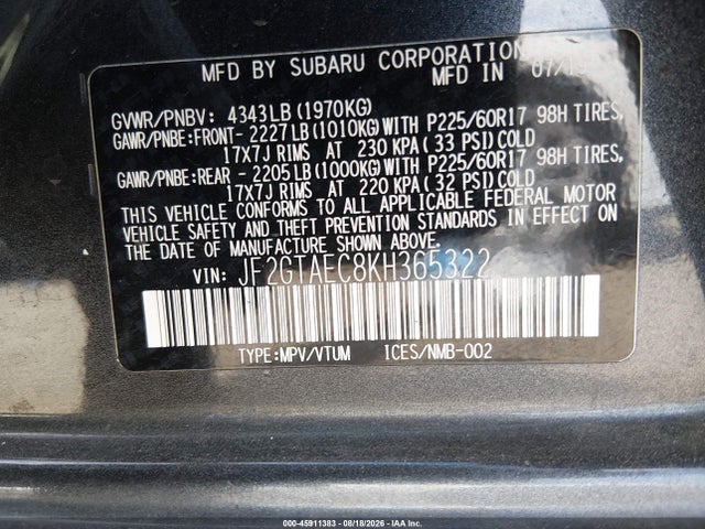 JF2GTAEC8KH365322 Subaru Crosstrek 2.0i Premium