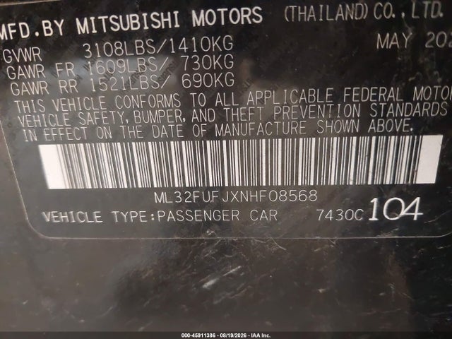 Продажа на аукционе авто 2022 Mitsubishi Mirage G4 Black Edition/es/le, vin: ML32FUFJXNHF08568, номер лота: 45911386