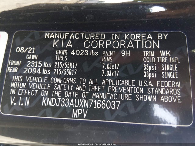 Aukcja sprzedaży 2022 Kia Soul Ex, vin: KNDJ33AUXN7166037, numer aukcji: 45911388